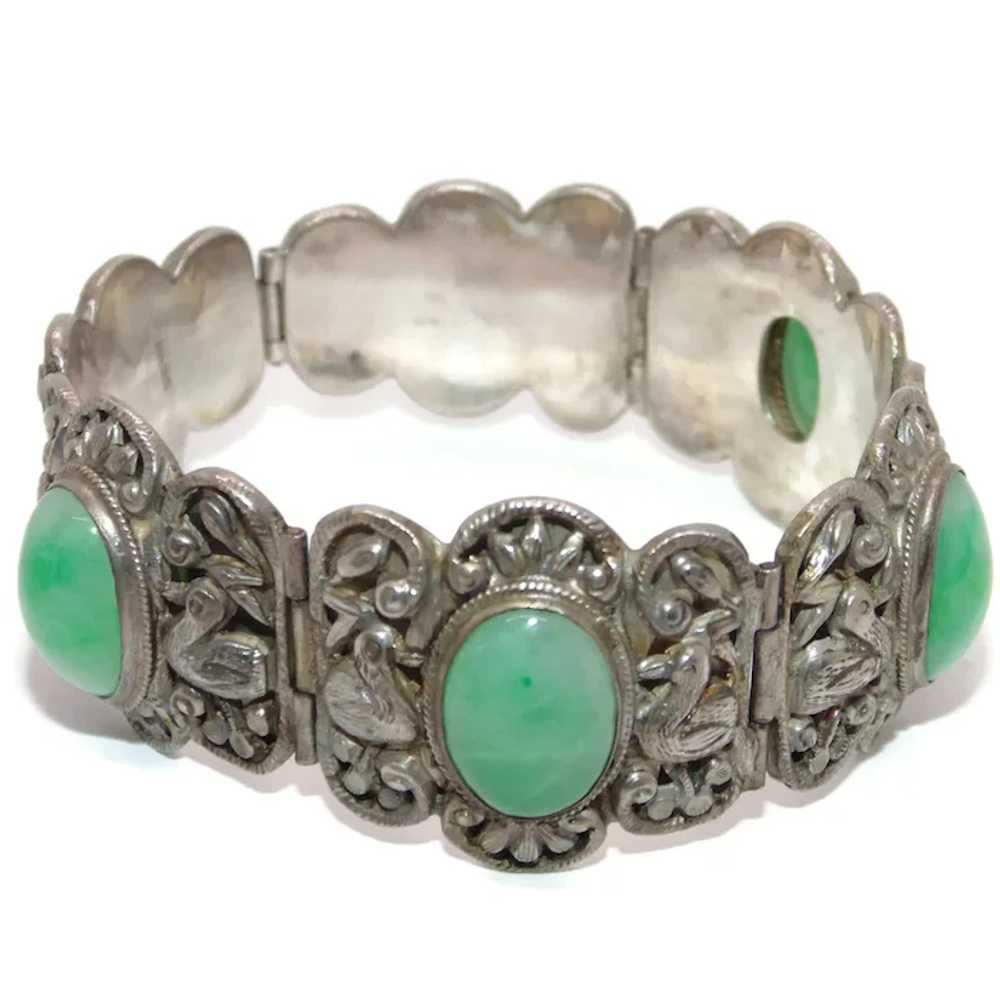 Vintage Ornate Green White Jade Bracelet in Sterl… - image 3