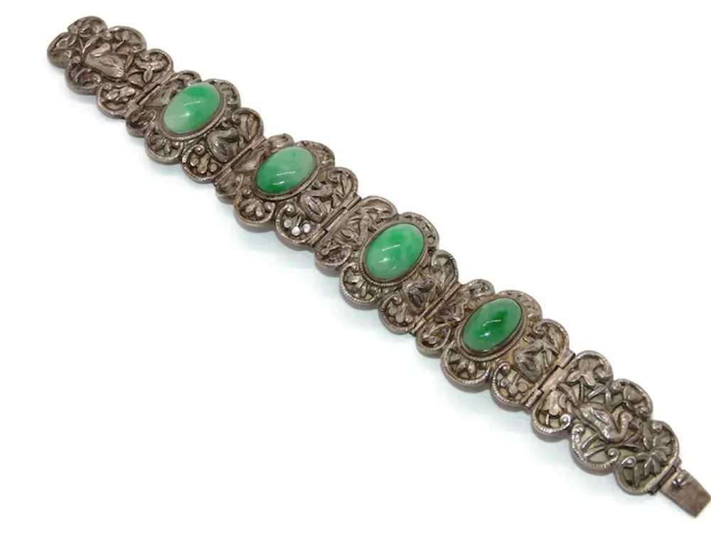 Vintage Ornate Green White Jade Bracelet in Sterl… - image 4