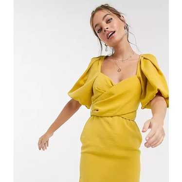 ASOS DESIGN shirred wrap tiered skirt maxi dress in mustard floral