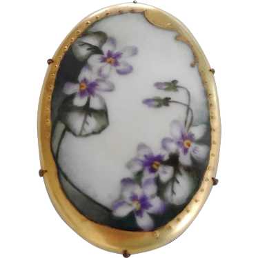 Victorian Hand Painted Porcelain Brooch Violet Fl… - image 1