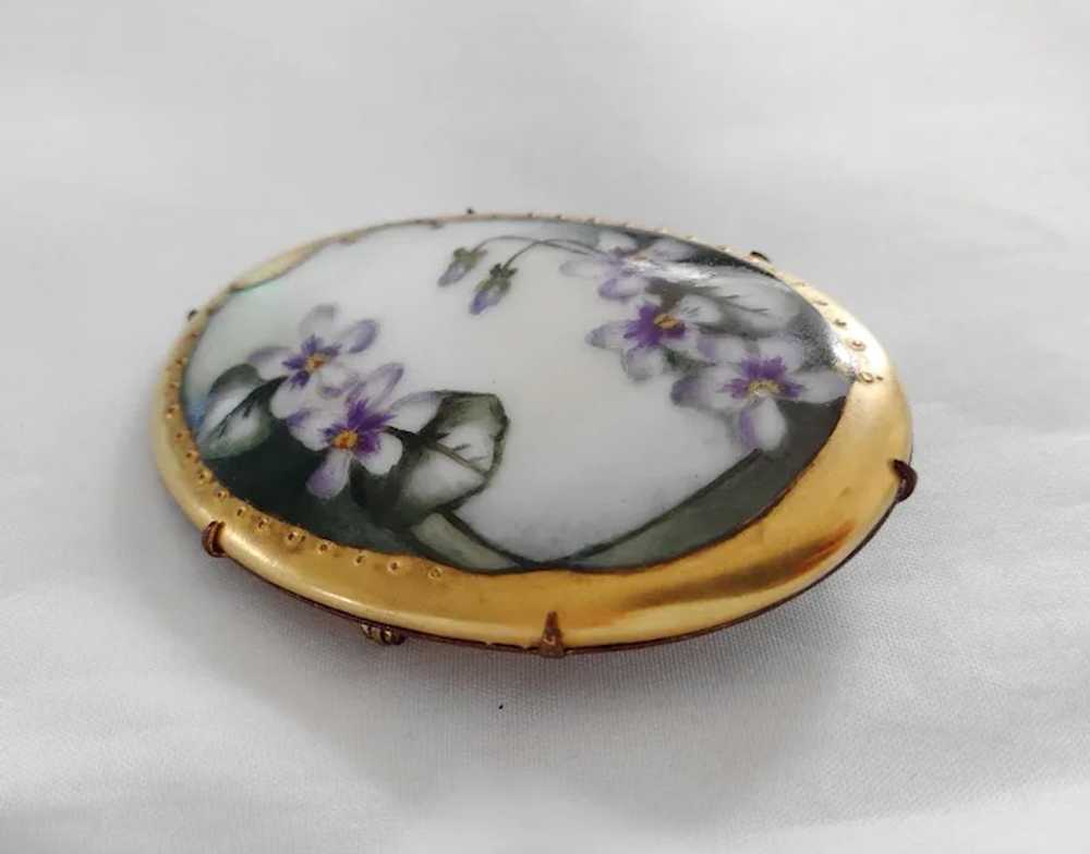 Victorian Hand Painted Porcelain Brooch Violet Fl… - image 2