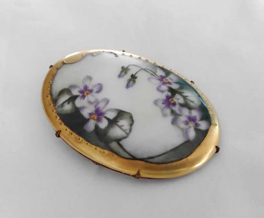 Victorian Hand Painted Porcelain Brooch Violet Fl… - image 3