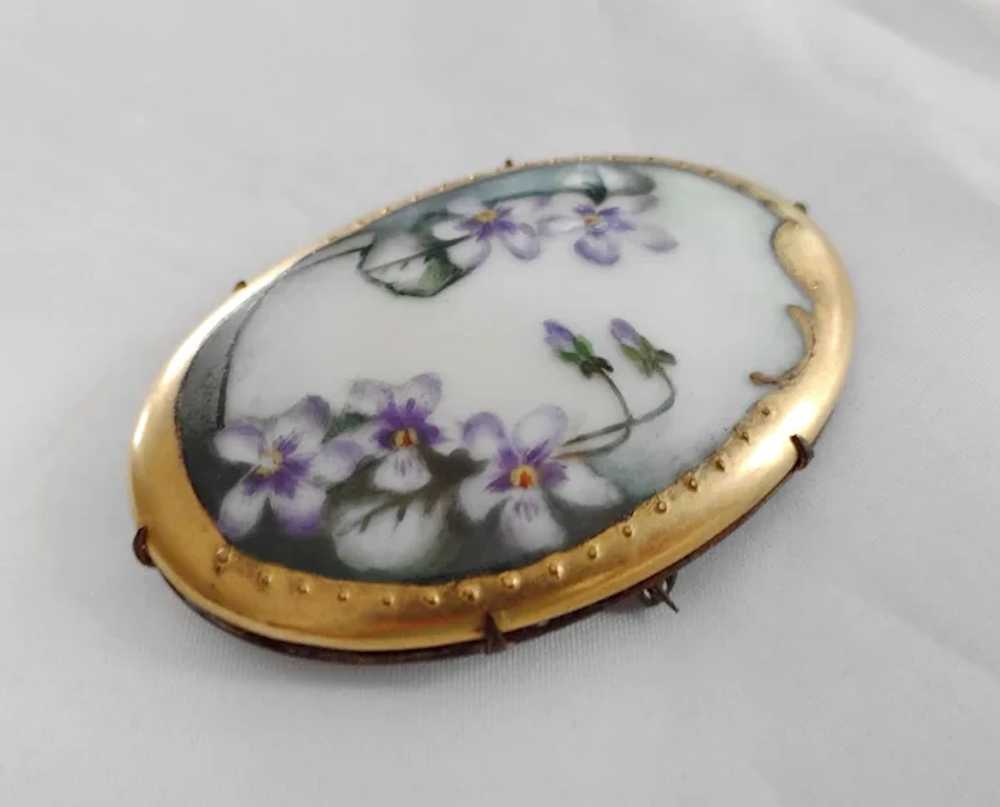 Victorian Hand Painted Porcelain Brooch Violet Fl… - image 4