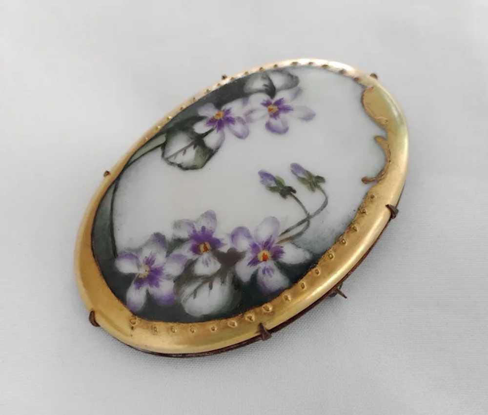 Victorian Hand Painted Porcelain Brooch Violet Fl… - image 5