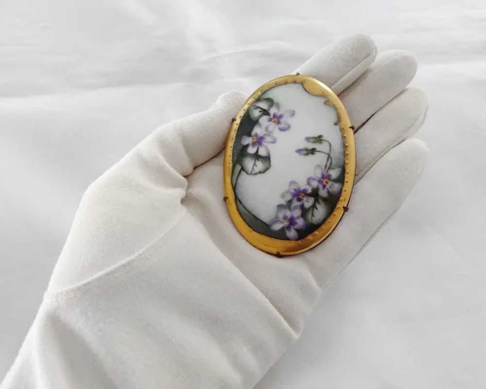 Victorian Hand Painted Porcelain Brooch Violet Fl… - image 9