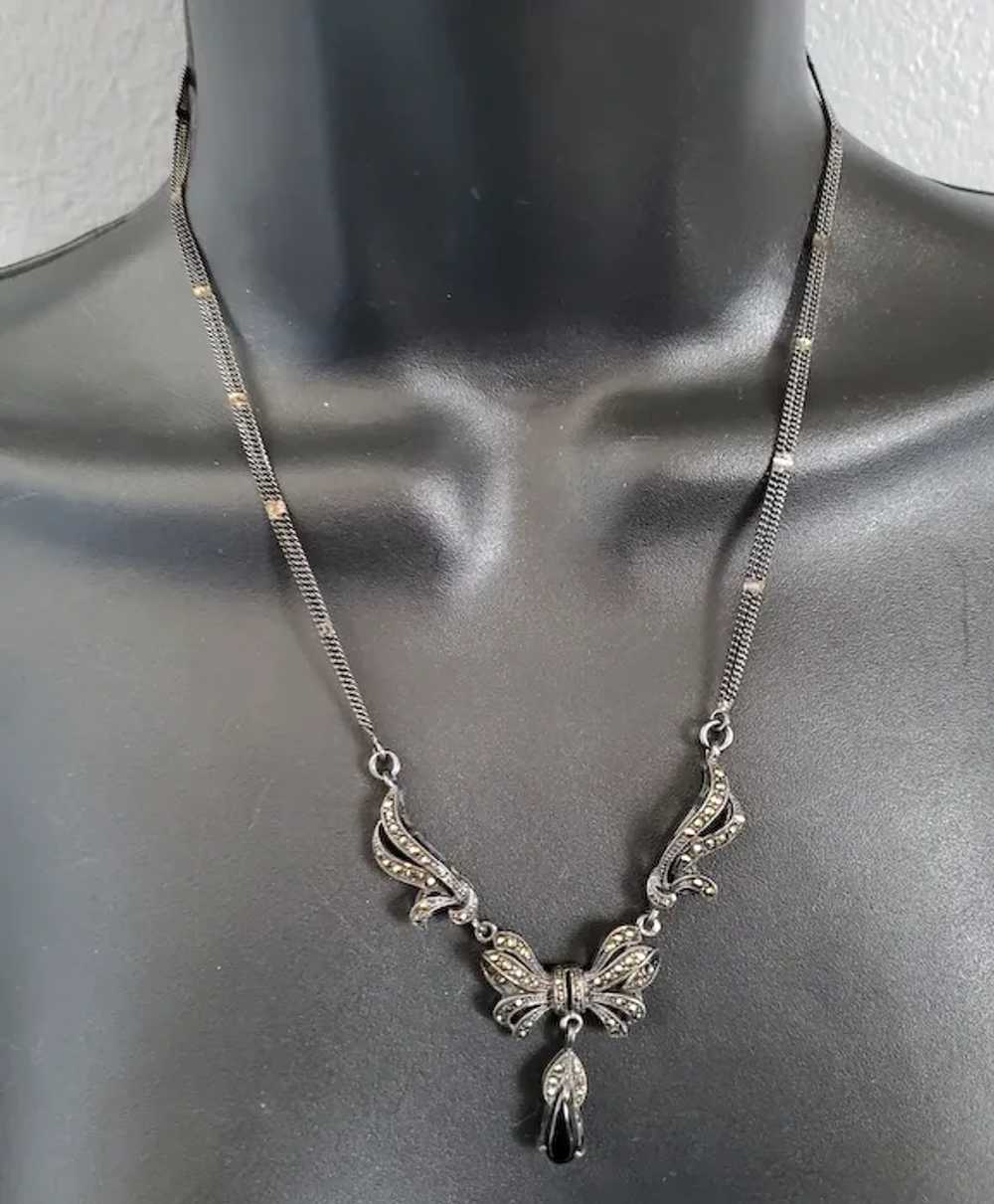 Sterling Silver Onyx and Marcasite Necklace Spark… - image 3