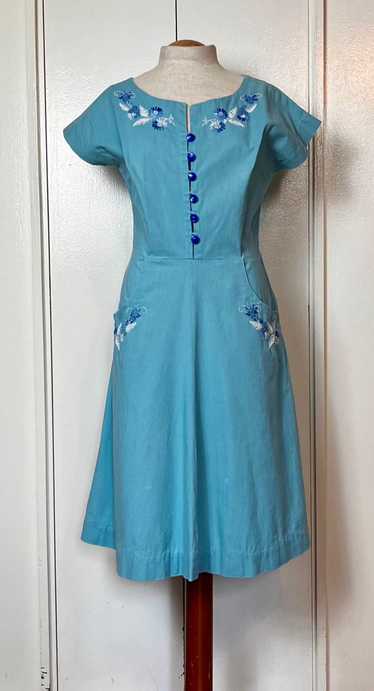 Vintage 1940’s Hand-Embroidered Cerulean Blue Day 