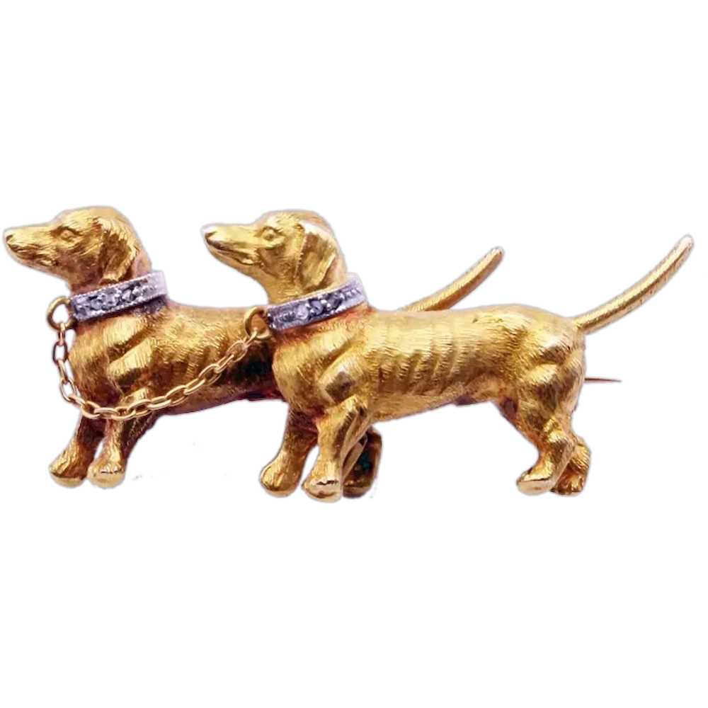 Vintage Brooch pair Dachshund dogs 18k gold diamo… - image 1