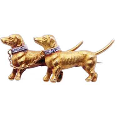 Vintage Brooch pair Dachshund dogs 18k gold diamo… - image 1