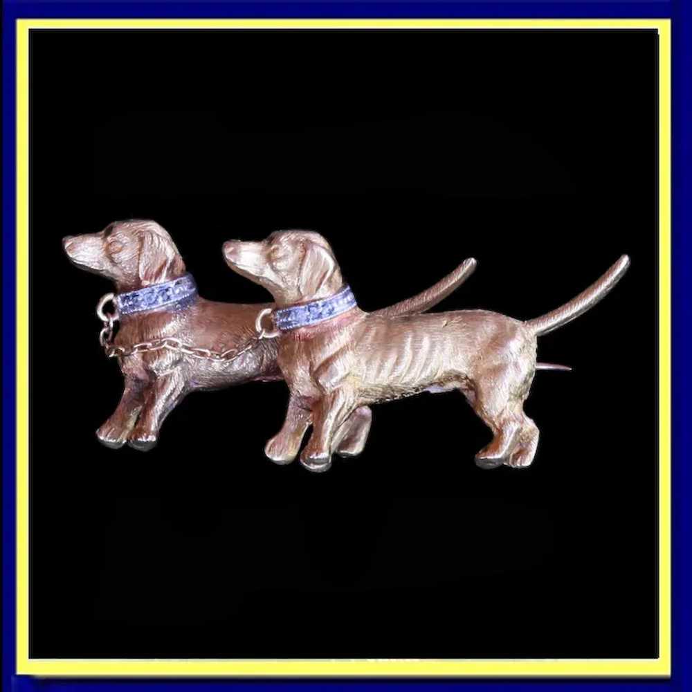 Vintage Brooch pair Dachshund dogs 18k gold diamo… - image 2