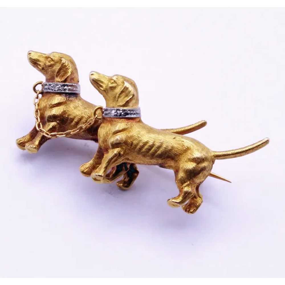 Vintage Brooch pair Dachshund dogs 18k gold diamo… - image 3