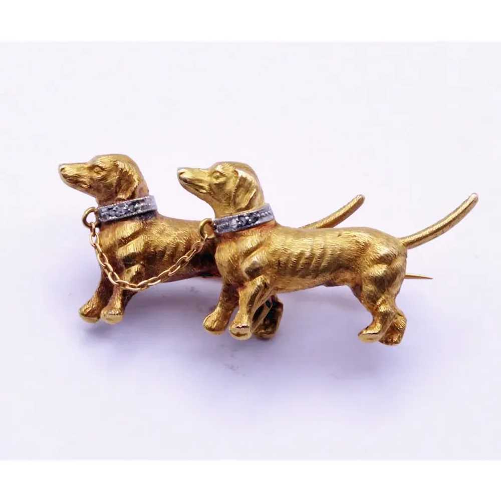 Vintage Brooch pair Dachshund dogs 18k gold diamo… - image 7