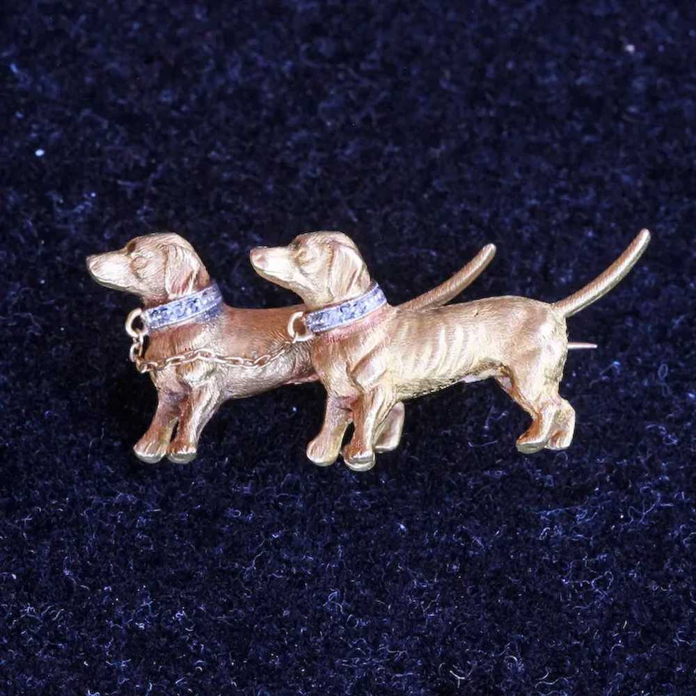 Vintage Brooch pair Dachshund dogs 18k gold diamo… - image 9