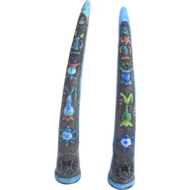 Antique Chinese Silver and Enamel Nail Guards 19t… - image 1