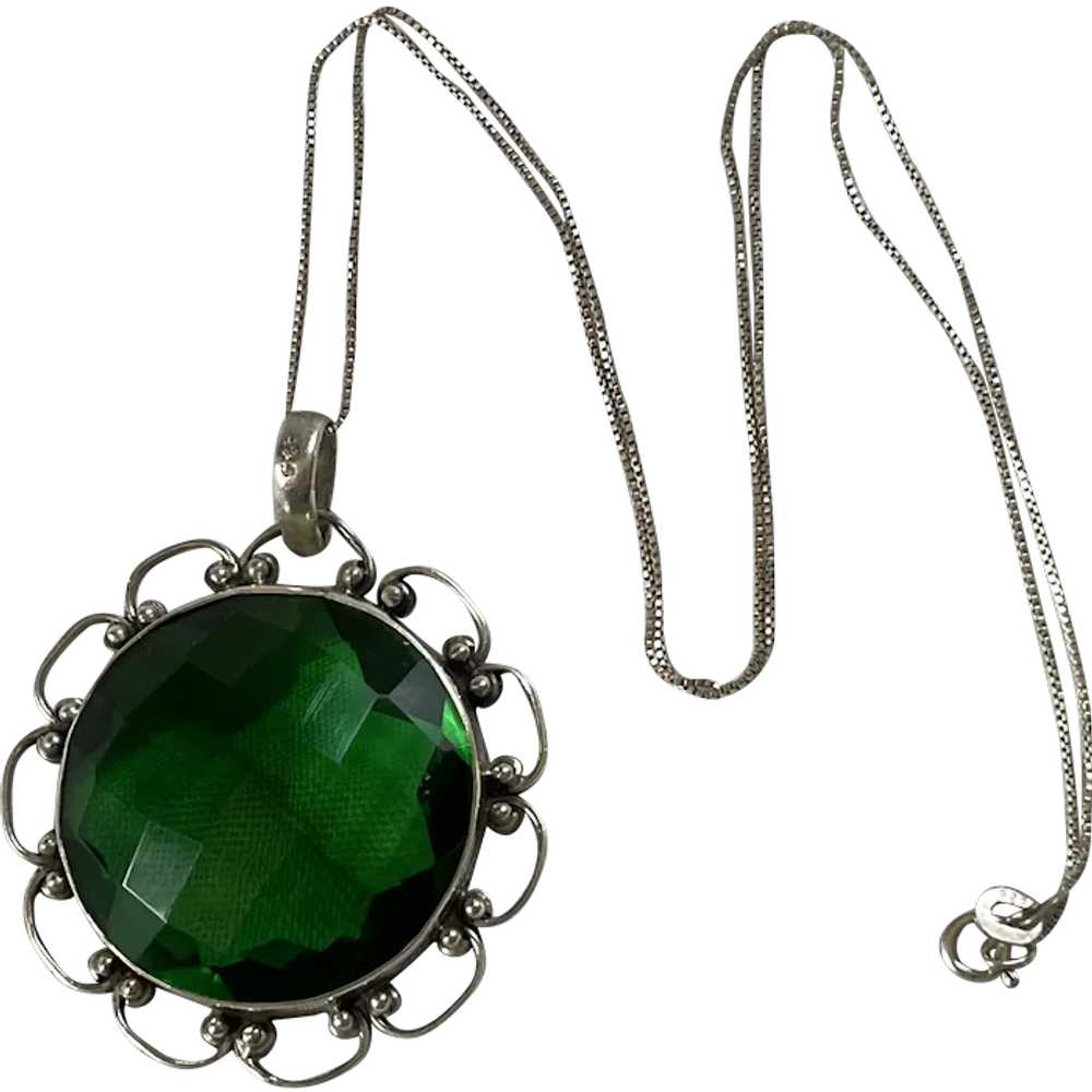 Artisan Sterling .925 & Large Faceted Green Glass… - image 1