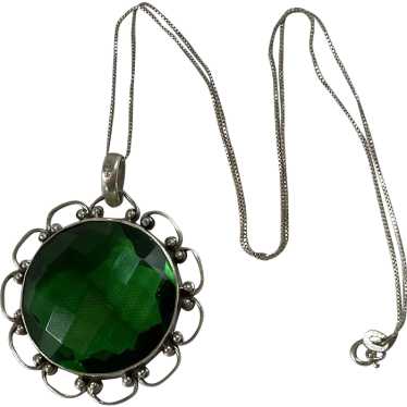 Artisan Sterling .925 & Large Faceted Green Glass… - image 1