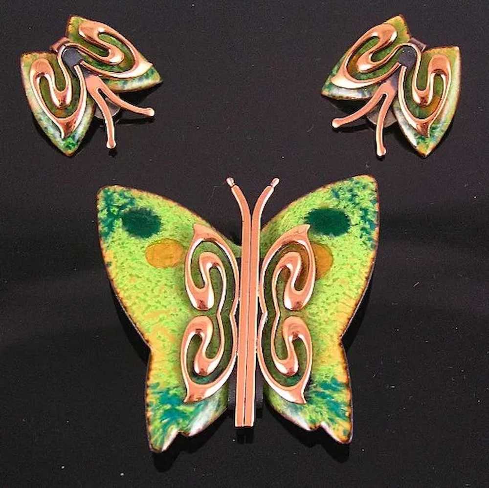 Matisse 1950’s Green Enameled Copper Butterfly Br… - image 2