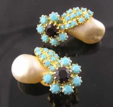 Faux Turquoise & Faux Baroque Pearl RS Earrings - image 1