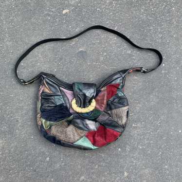 Vintage 80s 90s Leather Black Multi Color Patchwork Small Crossbody Bag  Purse