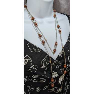 Other Extra Long Silver Wood Beaded Necklace - image 1