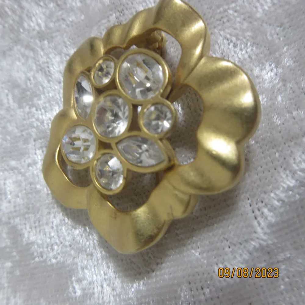 Signed Gold Tone Brooch with CZ's - image 2