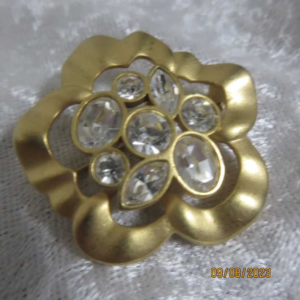 Signed Gold Tone Brooch with CZ's - image 3