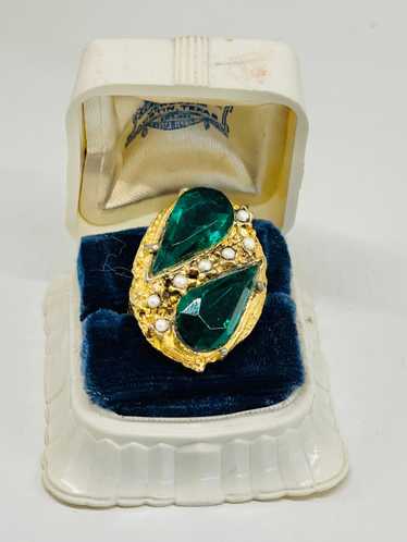 West Germany Green Rhinestone and Pearl Ring