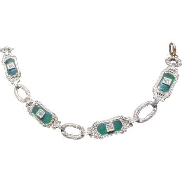 14K White Gold Art Deco Chrysoprase and Diamond B… - image 1