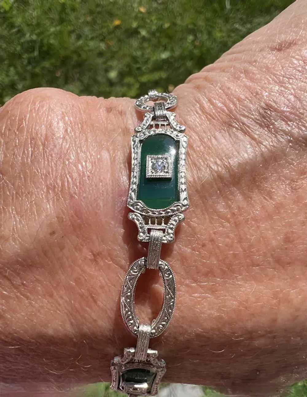 14K White Gold Art Deco Chrysoprase and Diamond B… - image 9