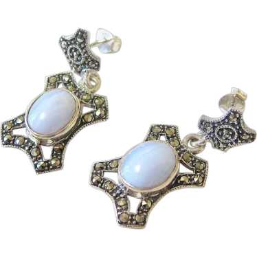 Cabochon Blue Lace Agate Marcasite Dangle Drop Ea… - image 1