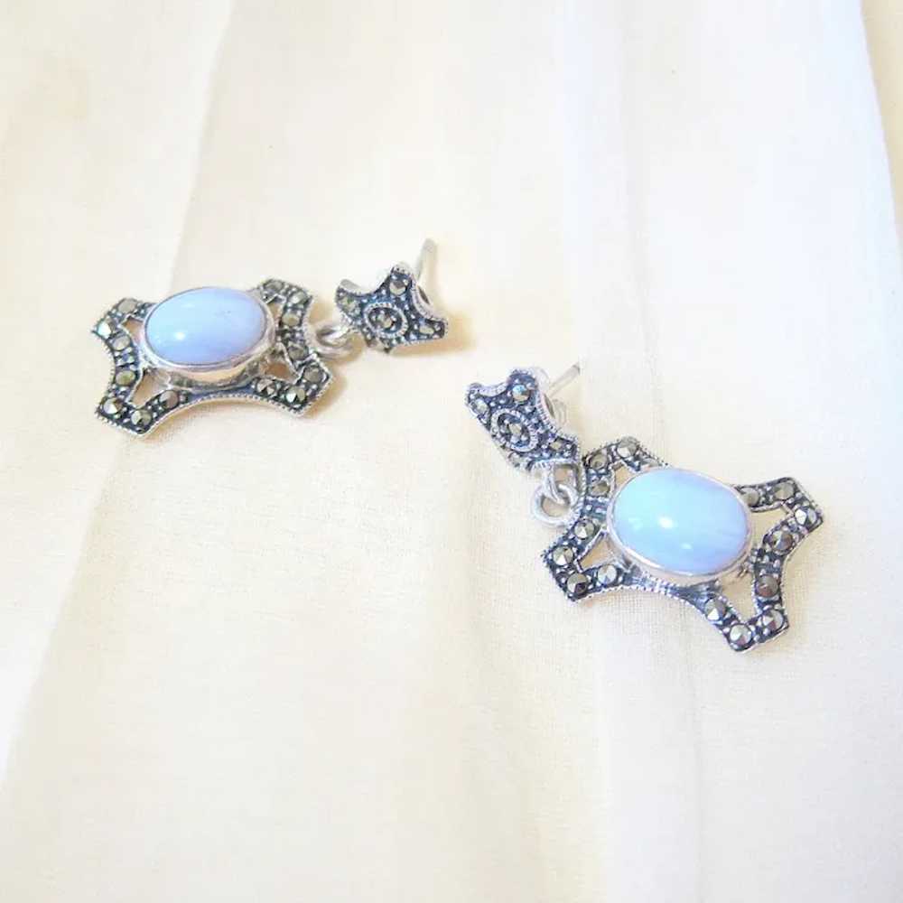 Cabochon Blue Lace Agate Marcasite Dangle Drop Ea… - image 7