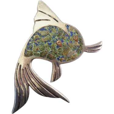 Fun vintage sterling silver inlaid koi fish pin o… - image 1