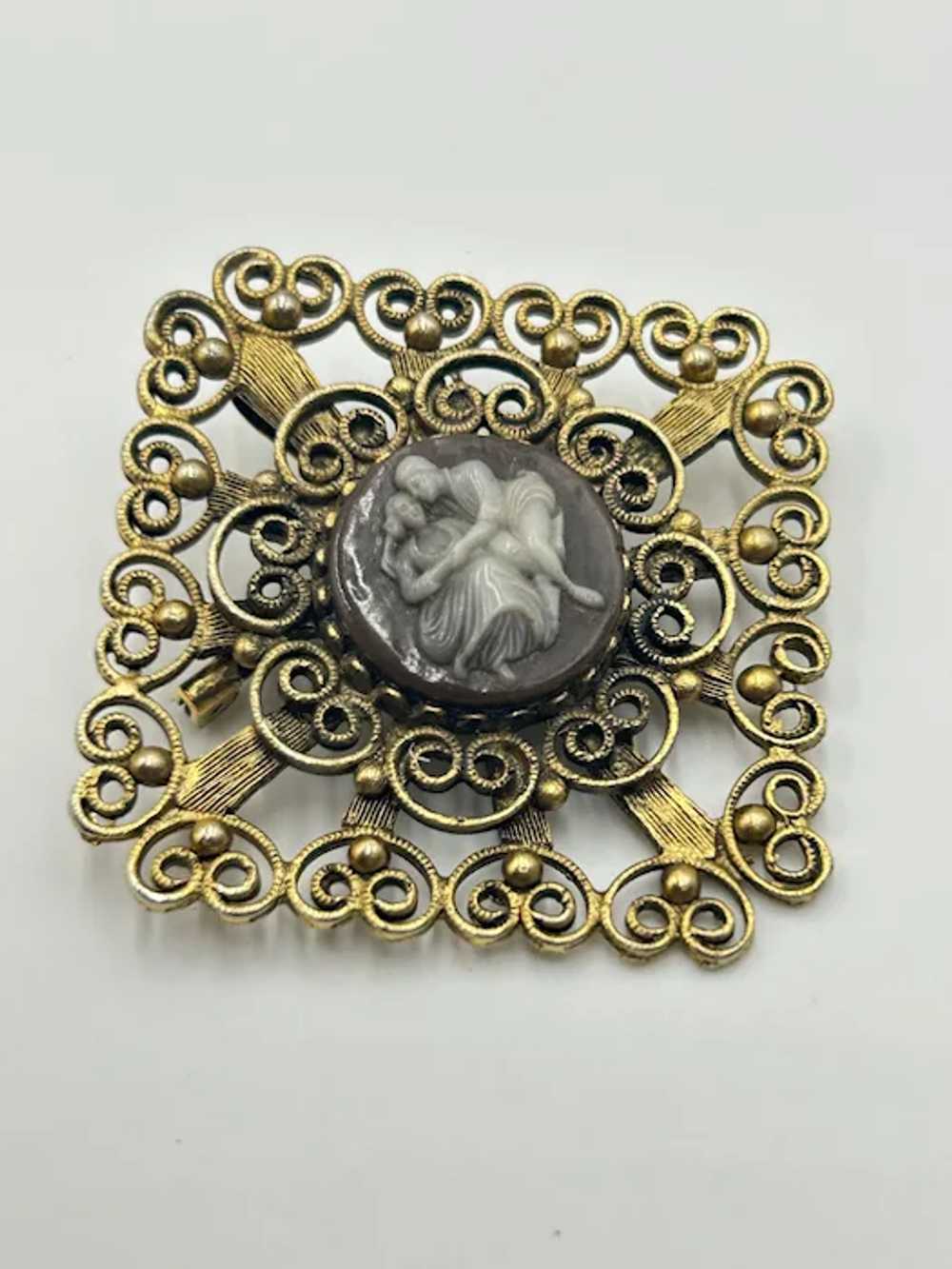 Vintage Faux Cameo Pin Brooch Pendant Scrolls Squ… - image 2