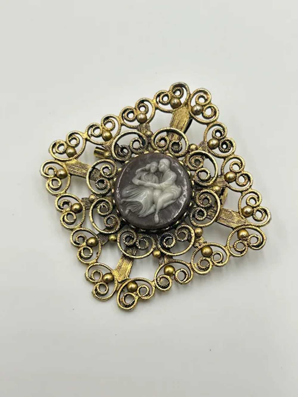 Vintage Faux Cameo Pin Brooch Pendant Scrolls Squ… - image 3