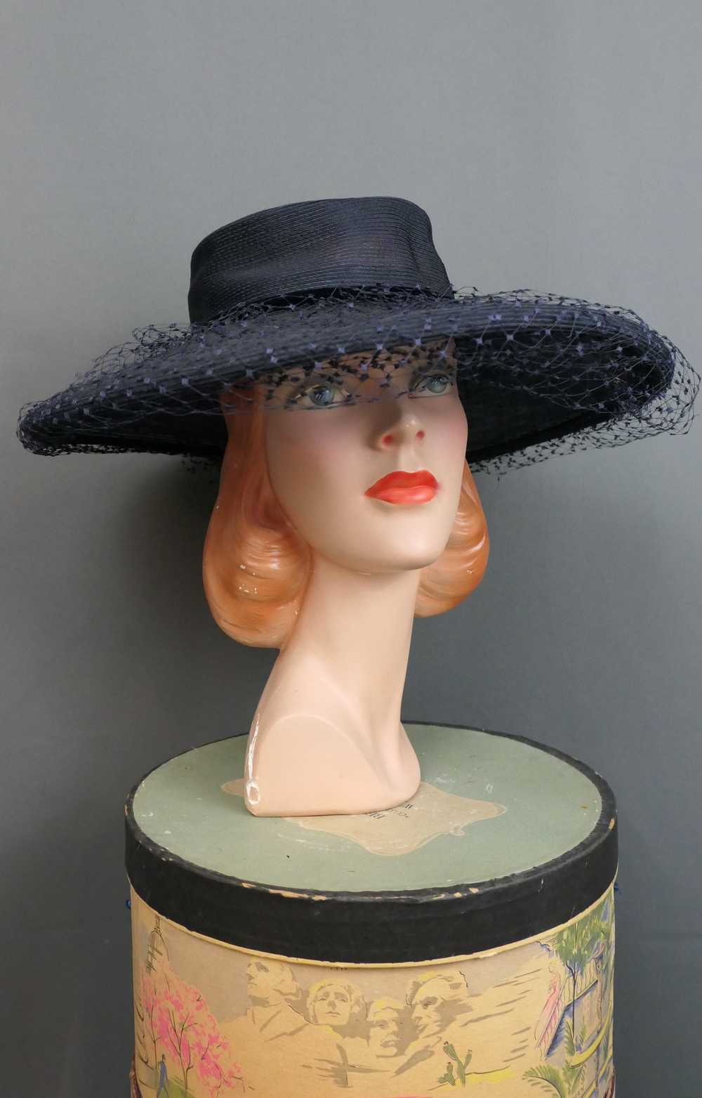 Vintage 1950s Navy Wide Brim Hat Covered with Net… - image 1