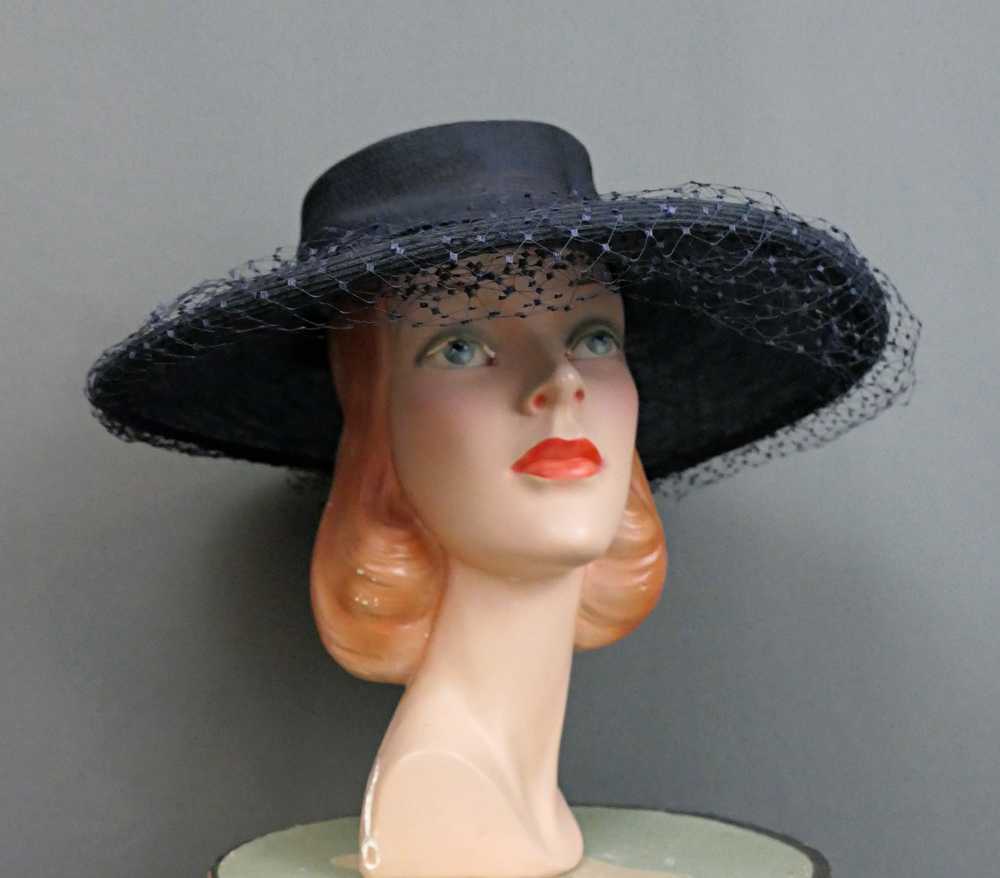 Vintage 1950s Navy Wide Brim Hat Covered with Net… - image 2