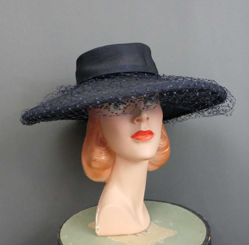 Vintage 1950s Navy Wide Brim Hat Covered with Net… - image 4