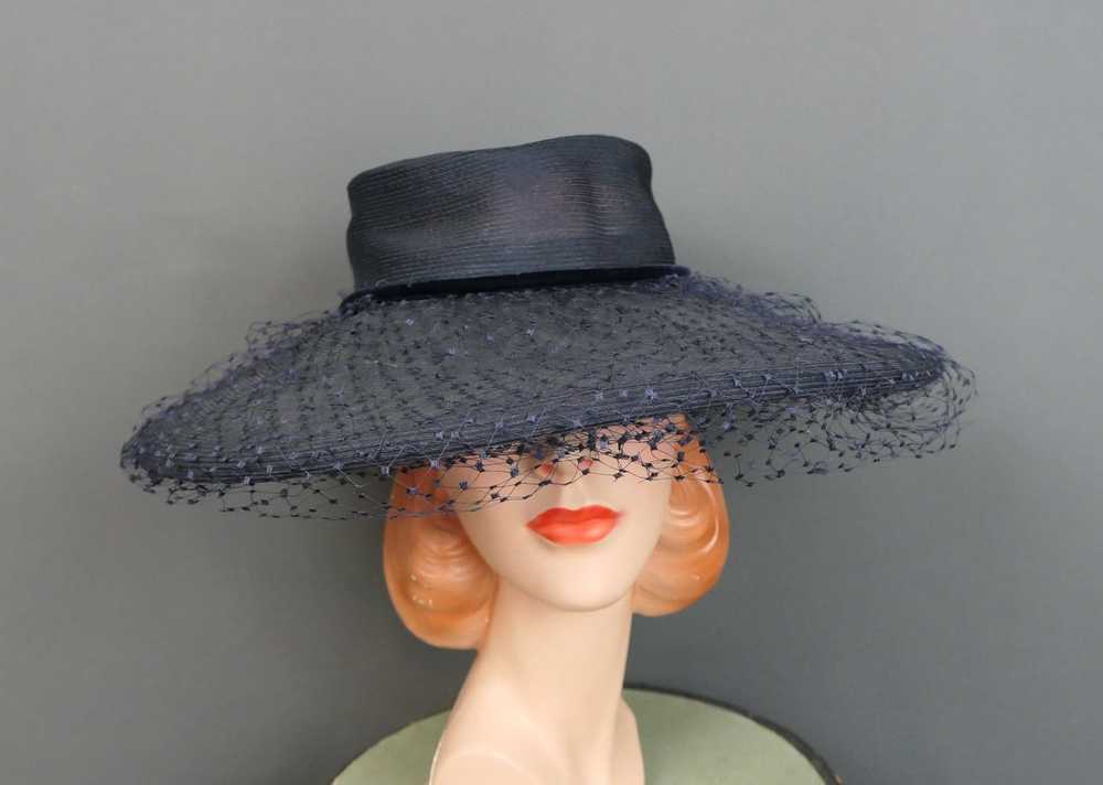 Vintage 1950s Navy Wide Brim Hat Covered with Net… - image 6
