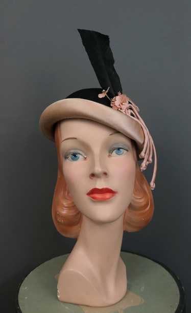 Vintage 1940s Tilt Hat Black Felt & Pink Satin, F… - image 1