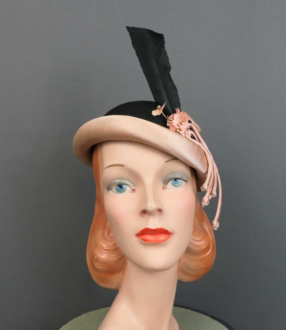Vintage 1940s Tilt Hat Black Felt & Pink Satin, F… - image 5