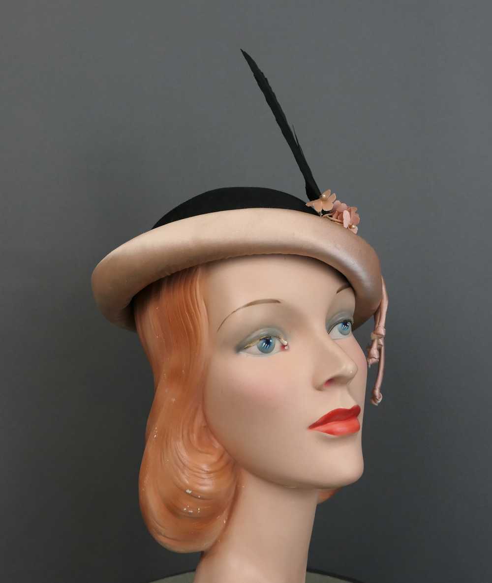 Vintage 1940s Tilt Hat Black Felt & Pink Satin, F… - image 6