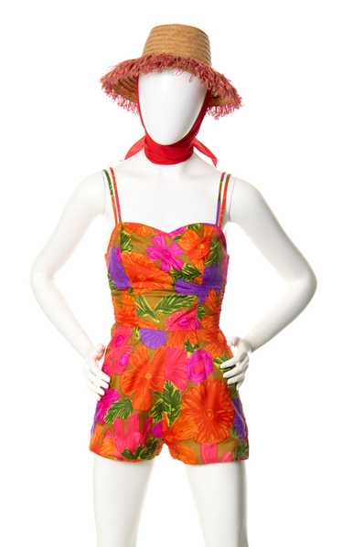 1960s Hawaiian Floral Shirred Romper | x-small/sma