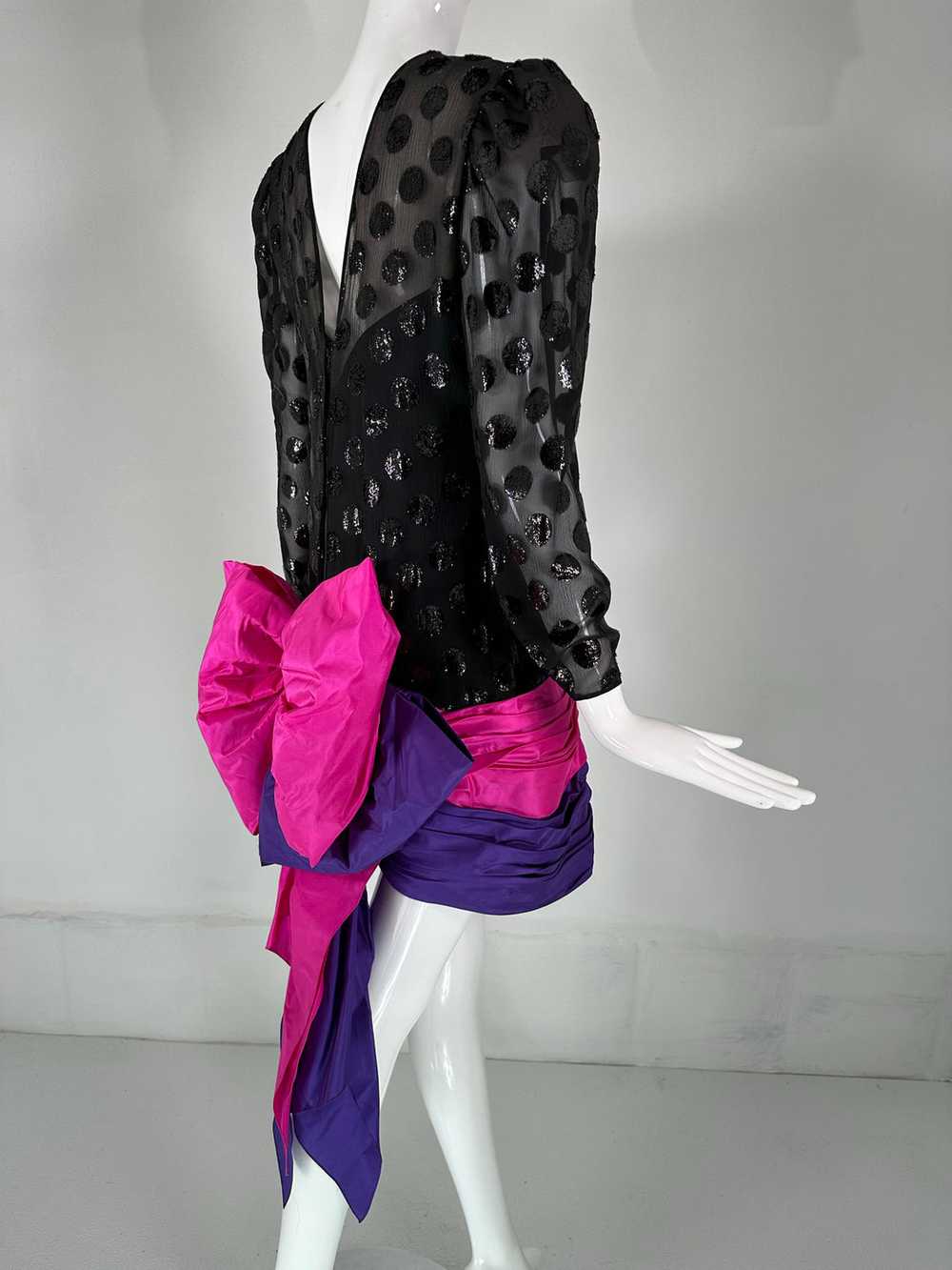 1980s Black Velvet Dot with Draped Pink & Purple … - image 10