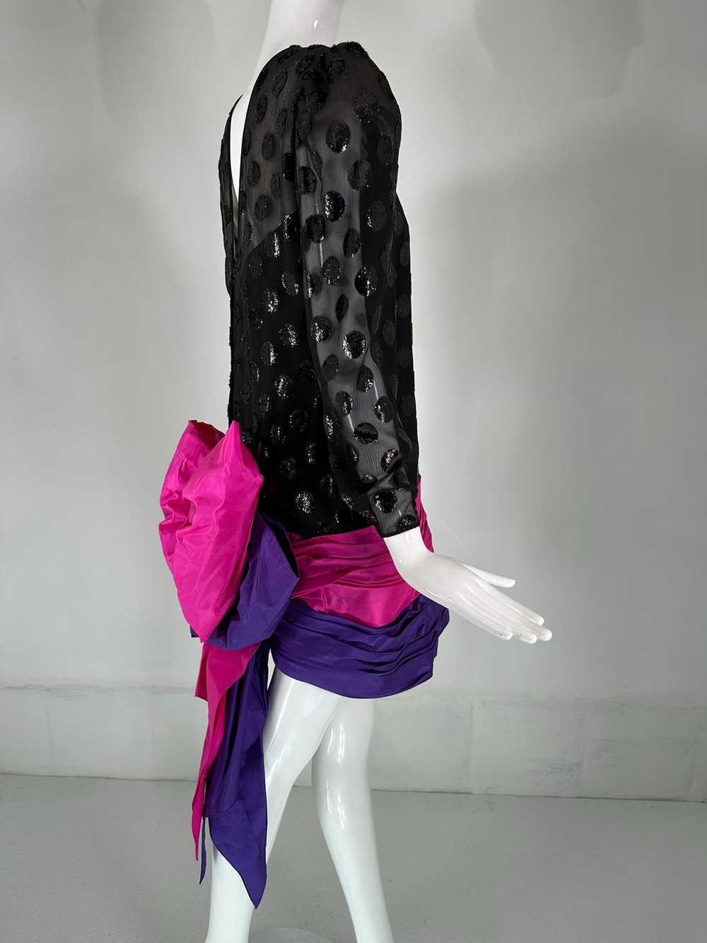 1980s Black Velvet Dot with Draped Pink & Purple … - image 11