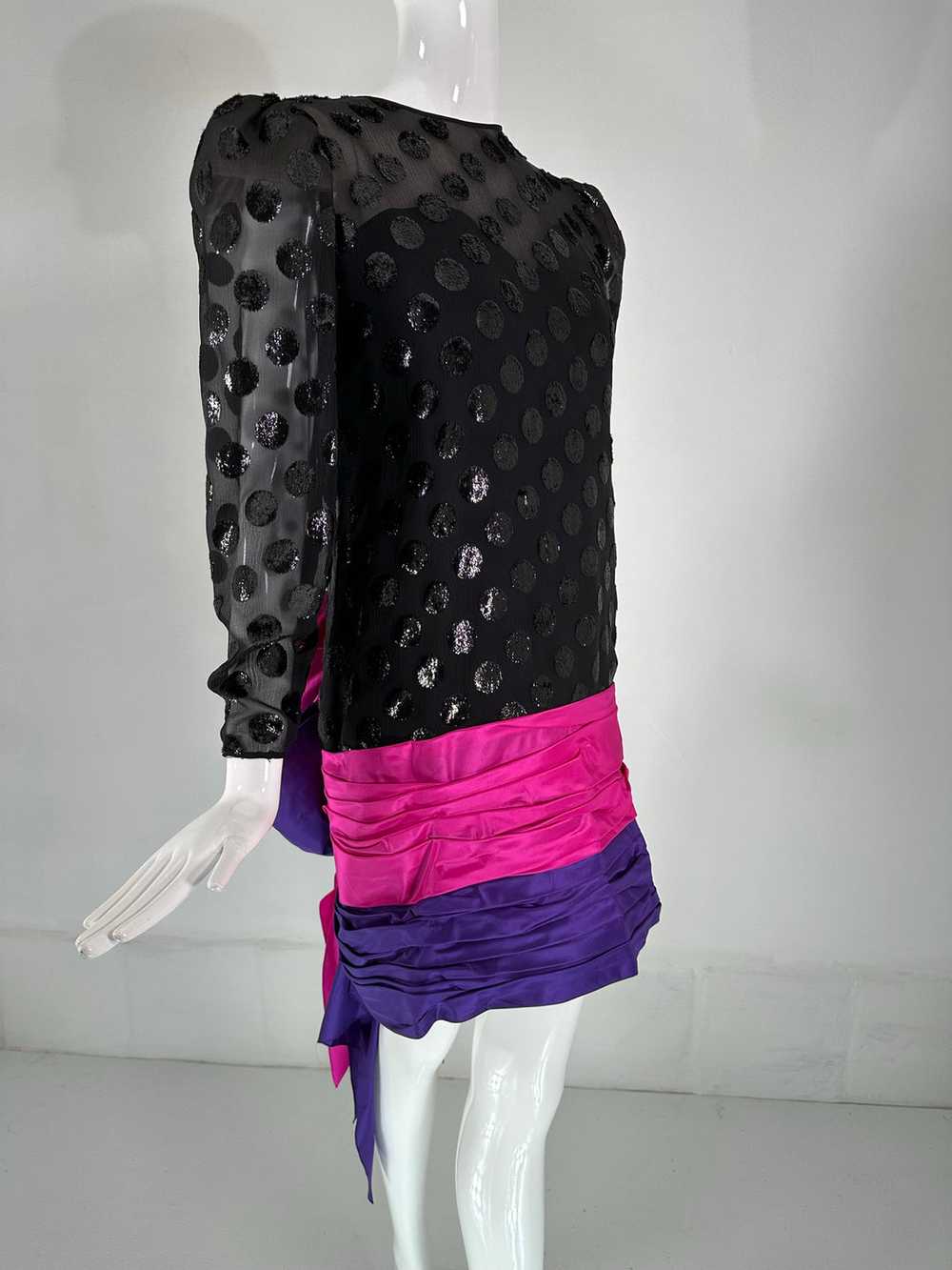 1980s Black Velvet Dot with Draped Pink & Purple … - image 12