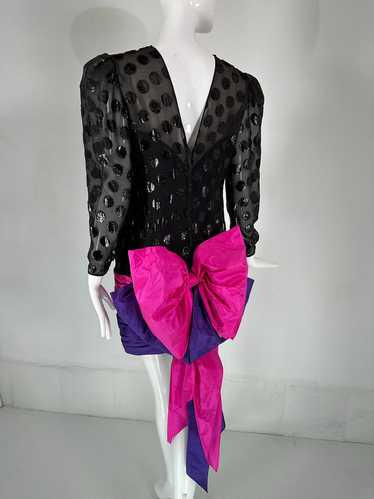 1980s Black Velvet Dot with Draped Pink & Purple … - image 1