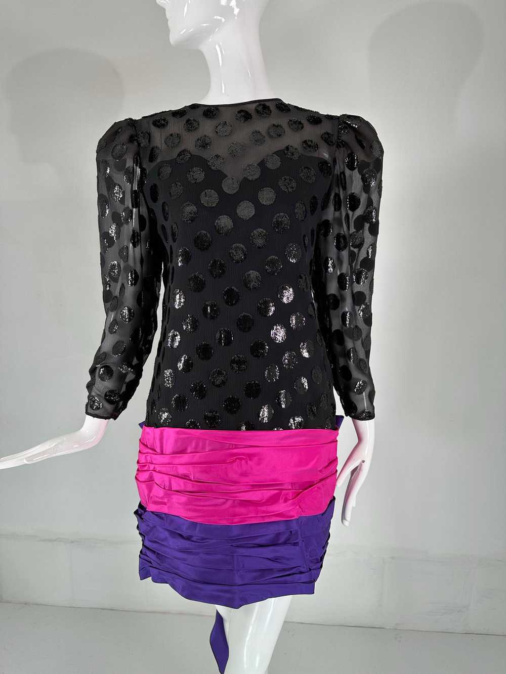 1980s Black Velvet Dot with Draped Pink & Purple … - image 2