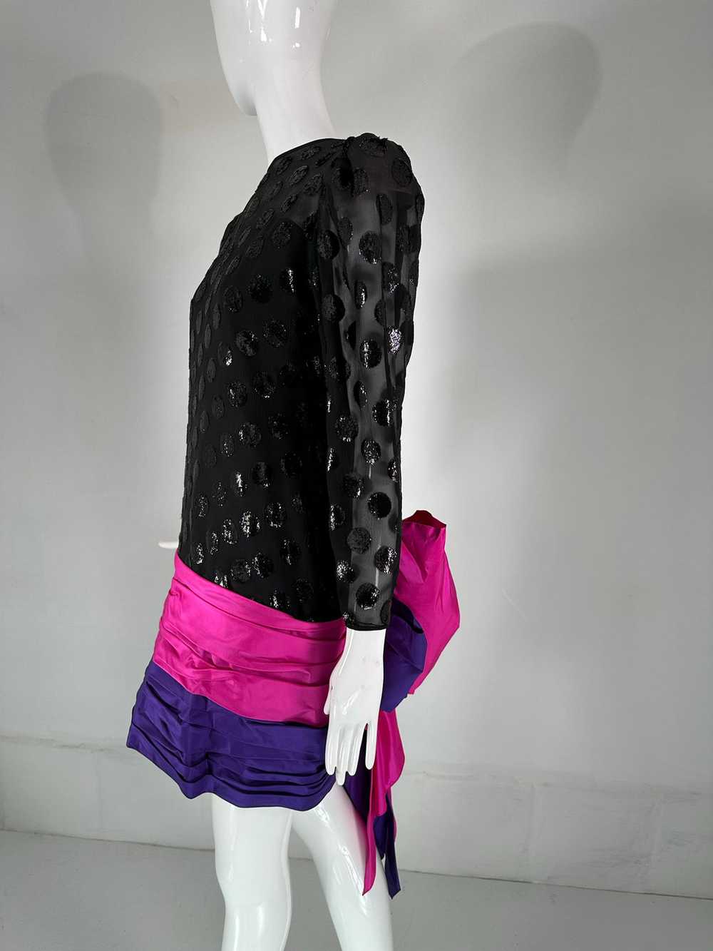 1980s Black Velvet Dot with Draped Pink & Purple … - image 3