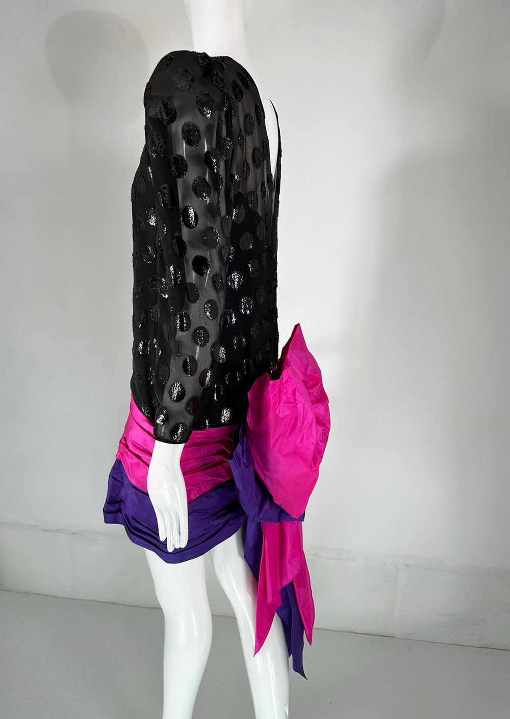 1980s Black Velvet Dot with Draped Pink & Purple … - image 4