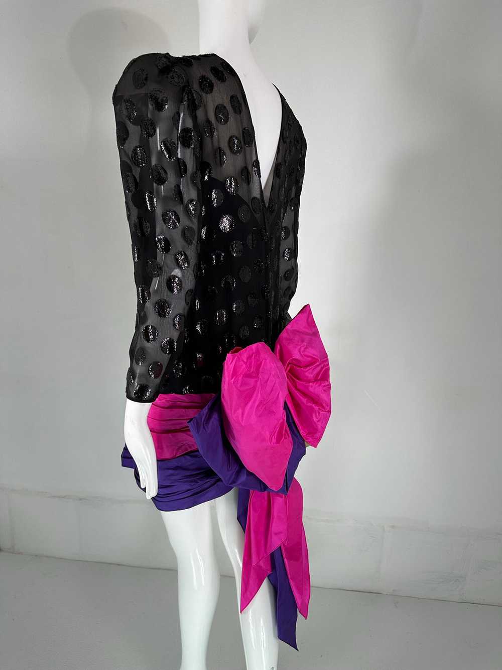 1980s Black Velvet Dot with Draped Pink & Purple … - image 5